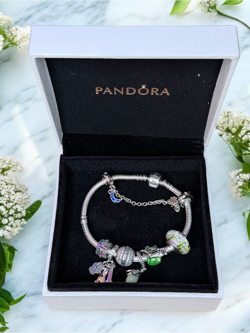 Pandora Silver Charm Bracelet with Green, Blue & White Accents